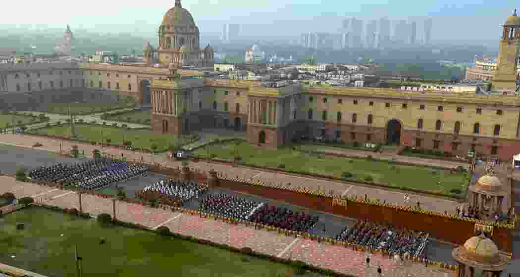 Armed Forces bands perform during the Beating Retreat ceremony, marking the conclusion of Republic Day celebrations, at Vijay Chowk, in New Delhi. (@NarendraModi/YT via PTI Photo)