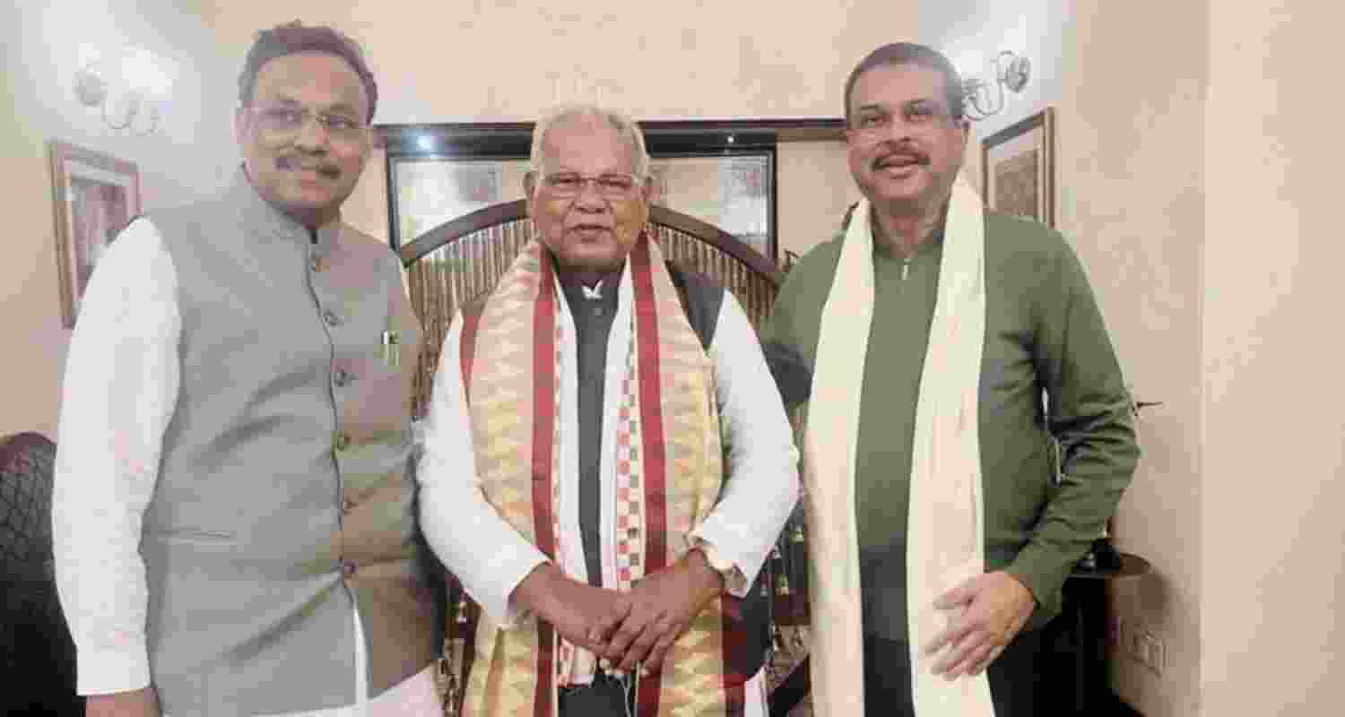 Union Minister and Bihar BJP in-charge Dharmendra Pradhan and BJP leader Vinod Tawde during a meeting with Union Minister and HAM(S) chief Jitan Ram Manjhi after the NDA's victory in the recent Bihar Assembly elections, in New Delhi. 