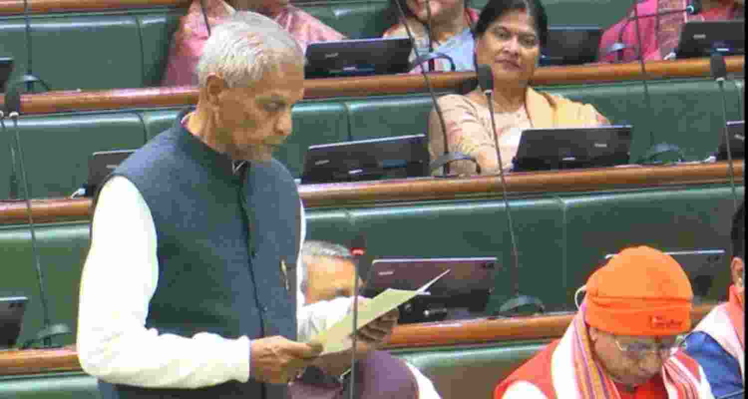 Bihar Finance Minister Bijendra Yadav presents budget in the state assembly on Tuesday.