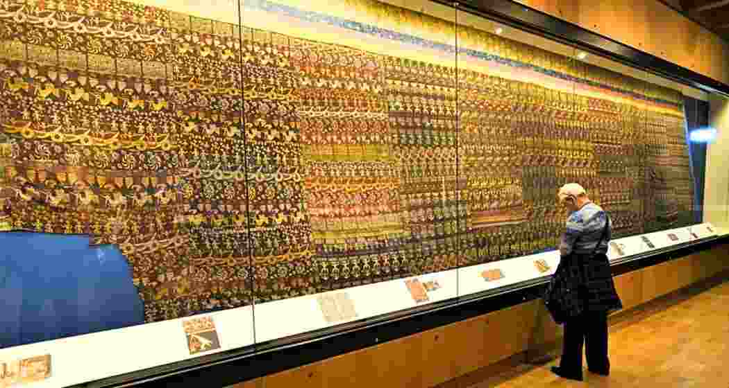 The Brindabani Bastra exhibited at a London institution, where Assam is negotiating its return. The 16th-century textile is among the most treasured creations linked to Srimanta Sankardeva.