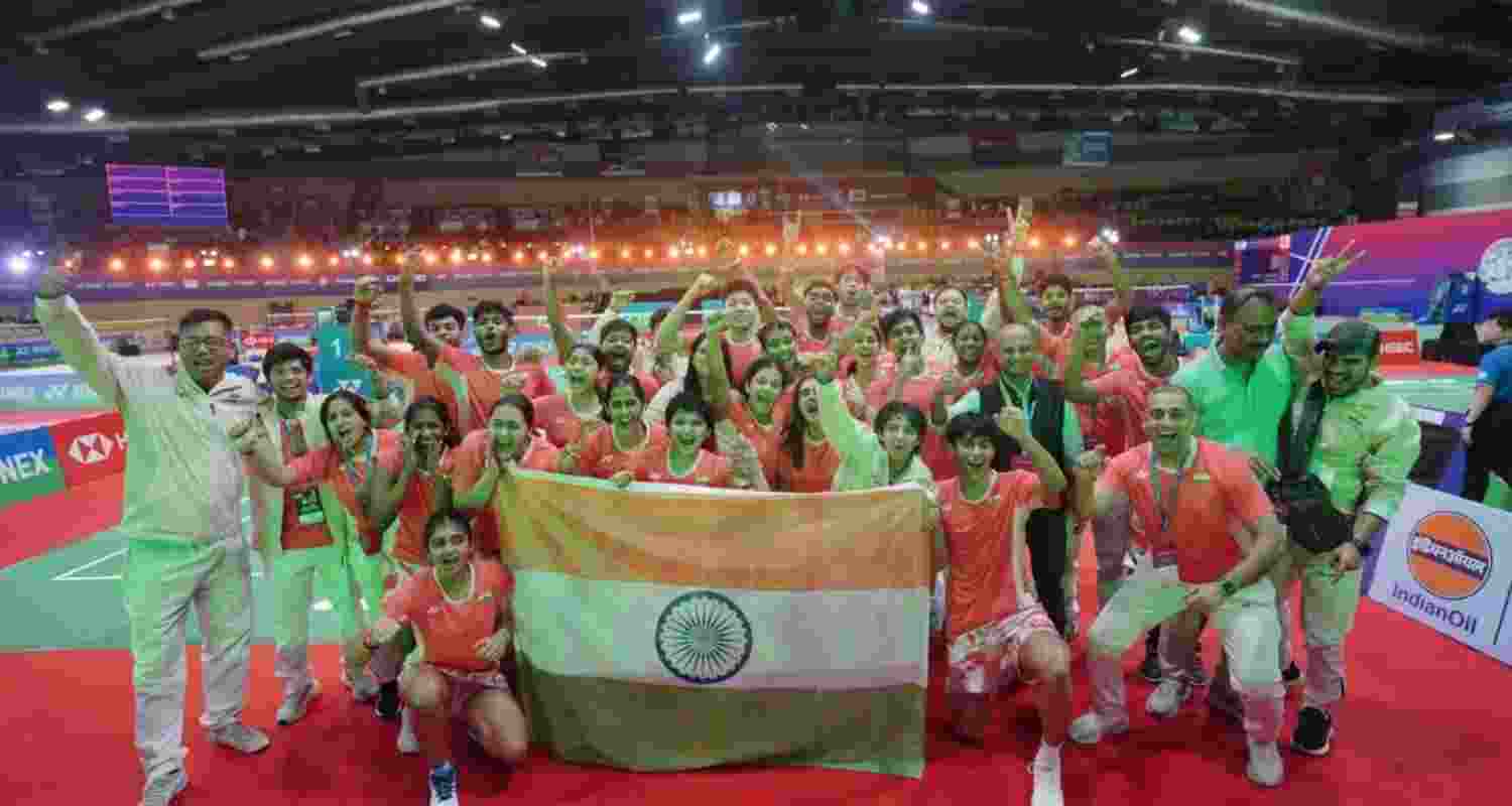 The Indian team celebrating their win over Korea in Guwahati on Thursday.