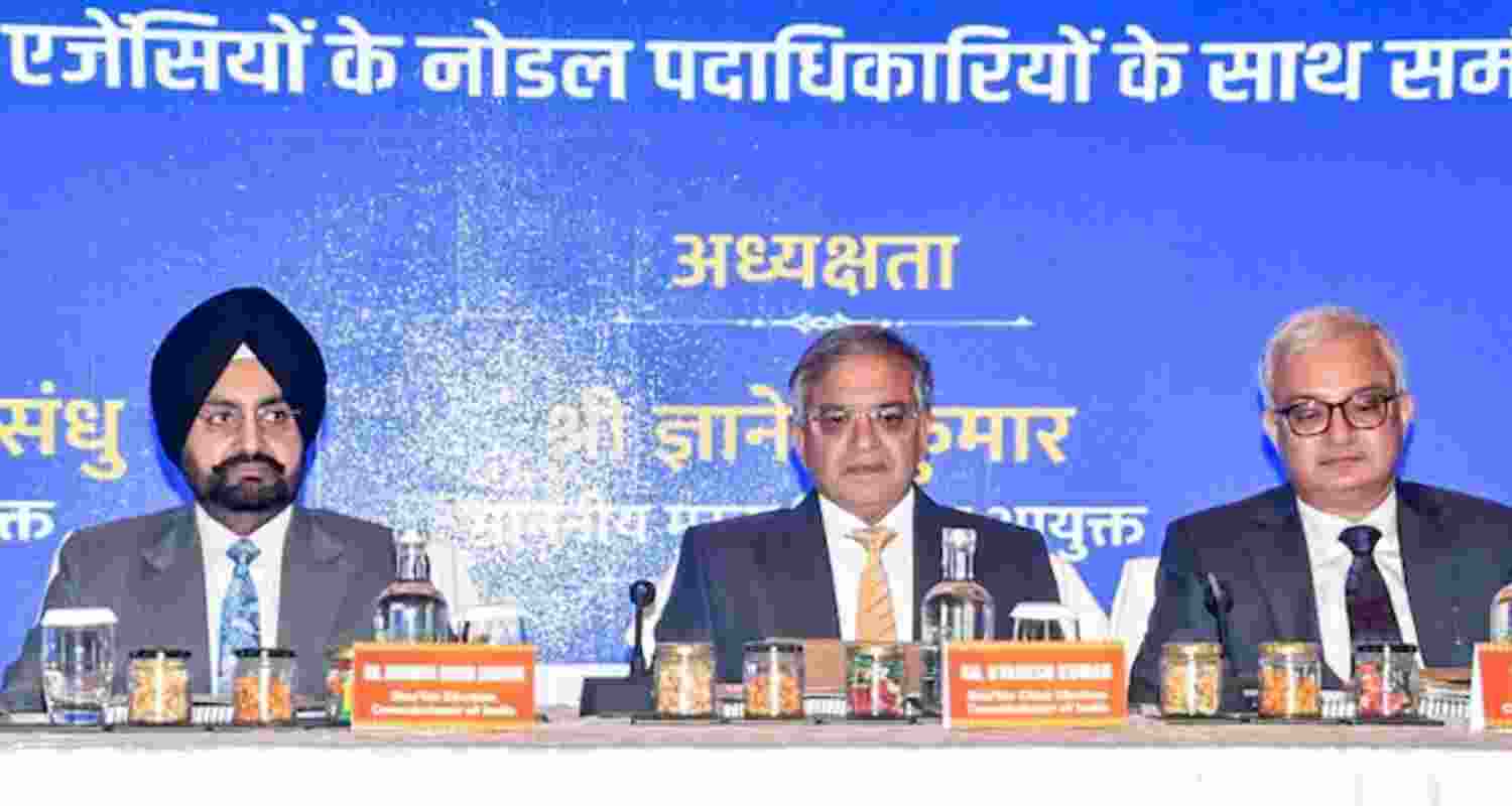 Gyanesh Kumar with Election Commissioners Sukhbir Singh Sandhu and Vivek Joshi during a meeting in Bihar. 