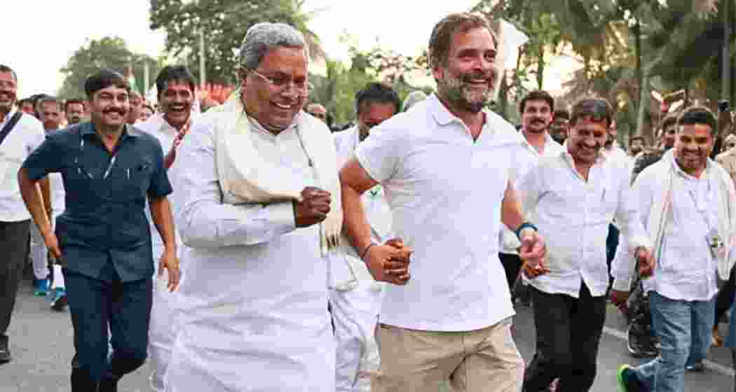 Siddaramaiah and Rahul Gandhi during the Bharat Jodo Yatra in December 2023.