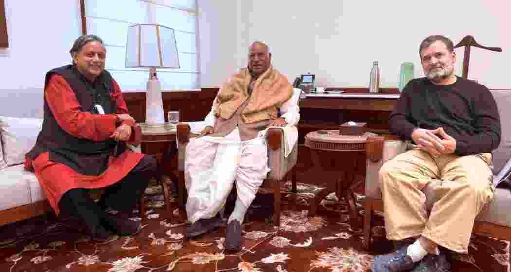 Congress leaders Shashi Tharoor, Mallikarjun Kharge and Rahul Gandhi at a meeting in Parliament House, following discussions aimed at resolving differences ahead of the Kerala Assembly elections.