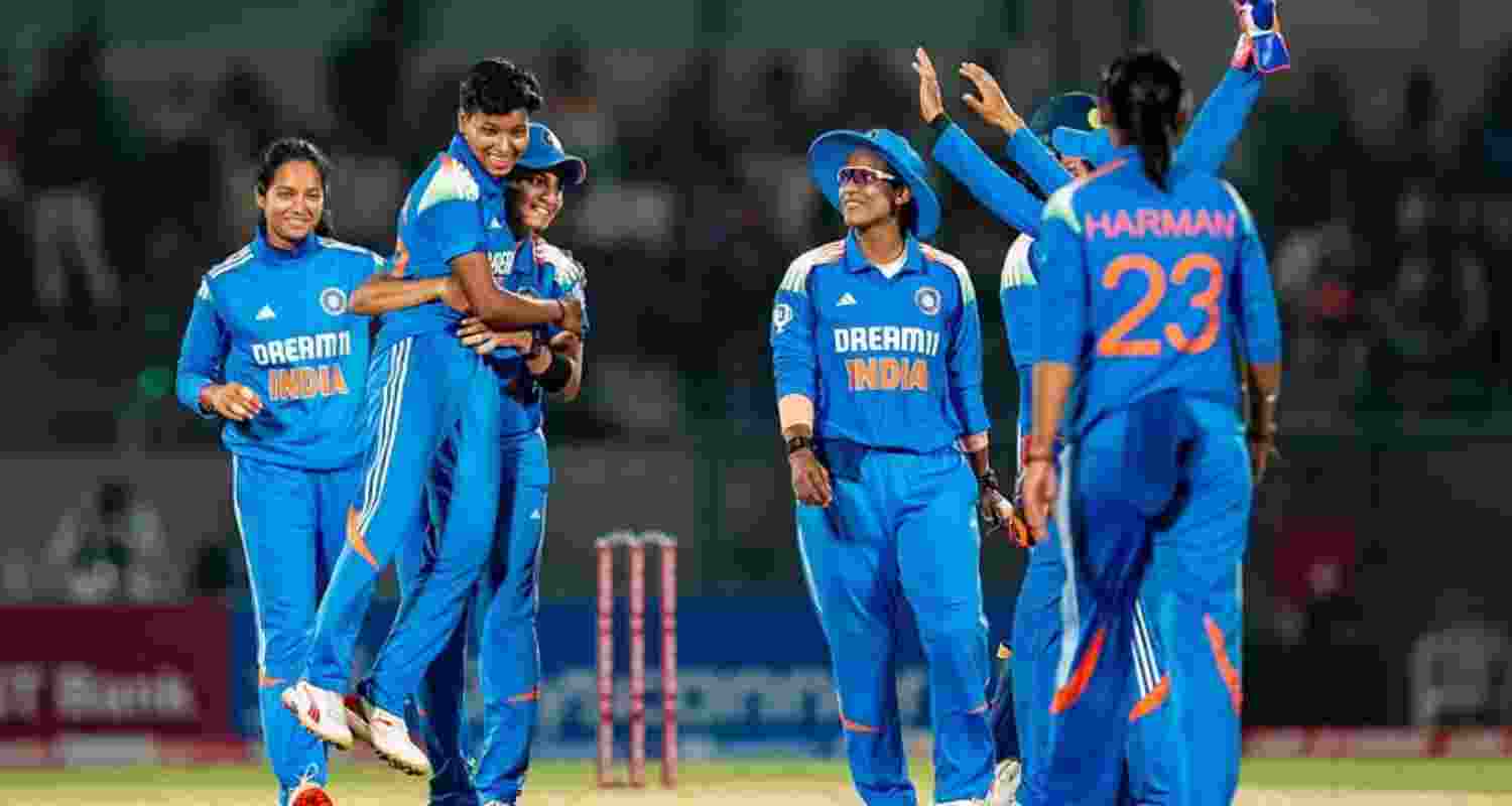 Deepti Sharma (C) celebrates after one of her wickets against West Indies in the third ODI on Friday. 