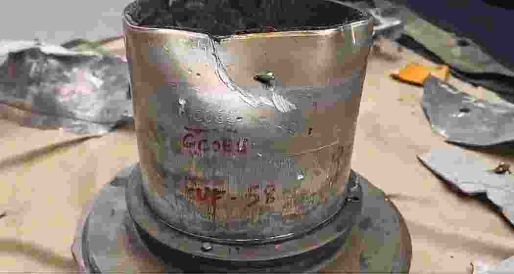 Missile debris recovered from Srinagar’s Dal Lake, following overnight cross-border shelling. The site was cordoned off for analysis as security forces investigate the origins of the recovered object.