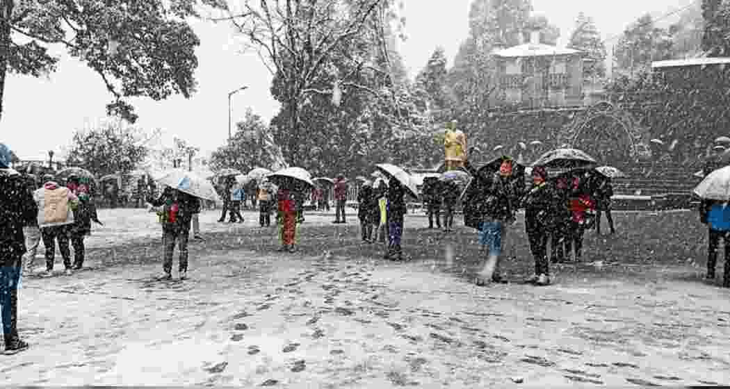 People are enjoying the snowfall at Darjeeling's Mall Road.
