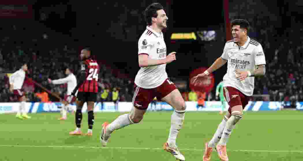 Declan Rice of Arsenal celebrates scoring his team's third goal during the Premier League match at Bournemouth. (Image: Arsenal@X)