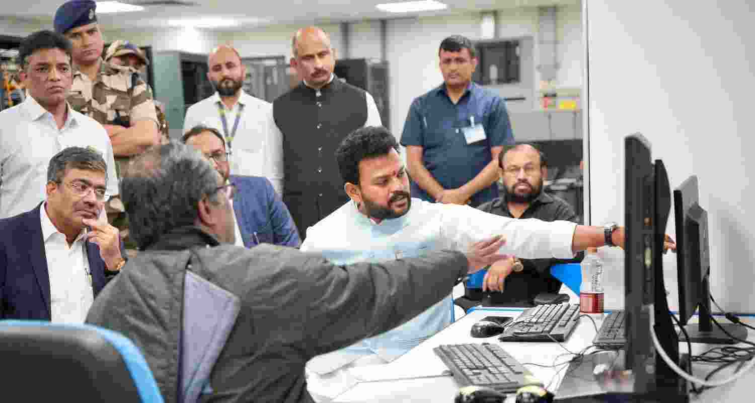 Union Minister of Civil Aviation Rammohan Naidu reviews operations after the technical glitch in the ATC messaging system at Delhi airport.