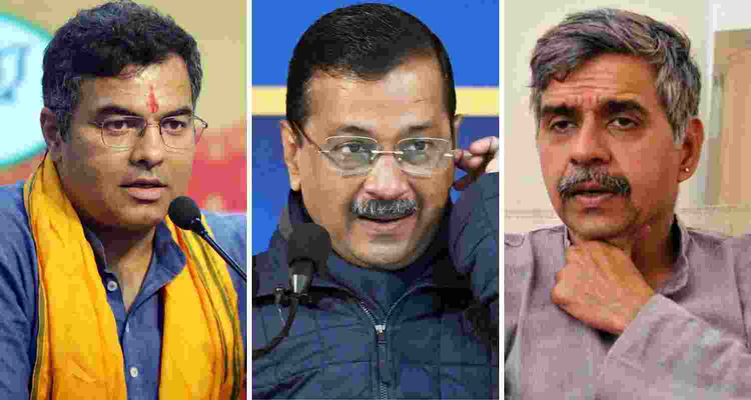 From left to right: BJP's Parvesh Verma, AAP Supremo Arvind Kejriwal, Congress leader Sandeep Dixit.