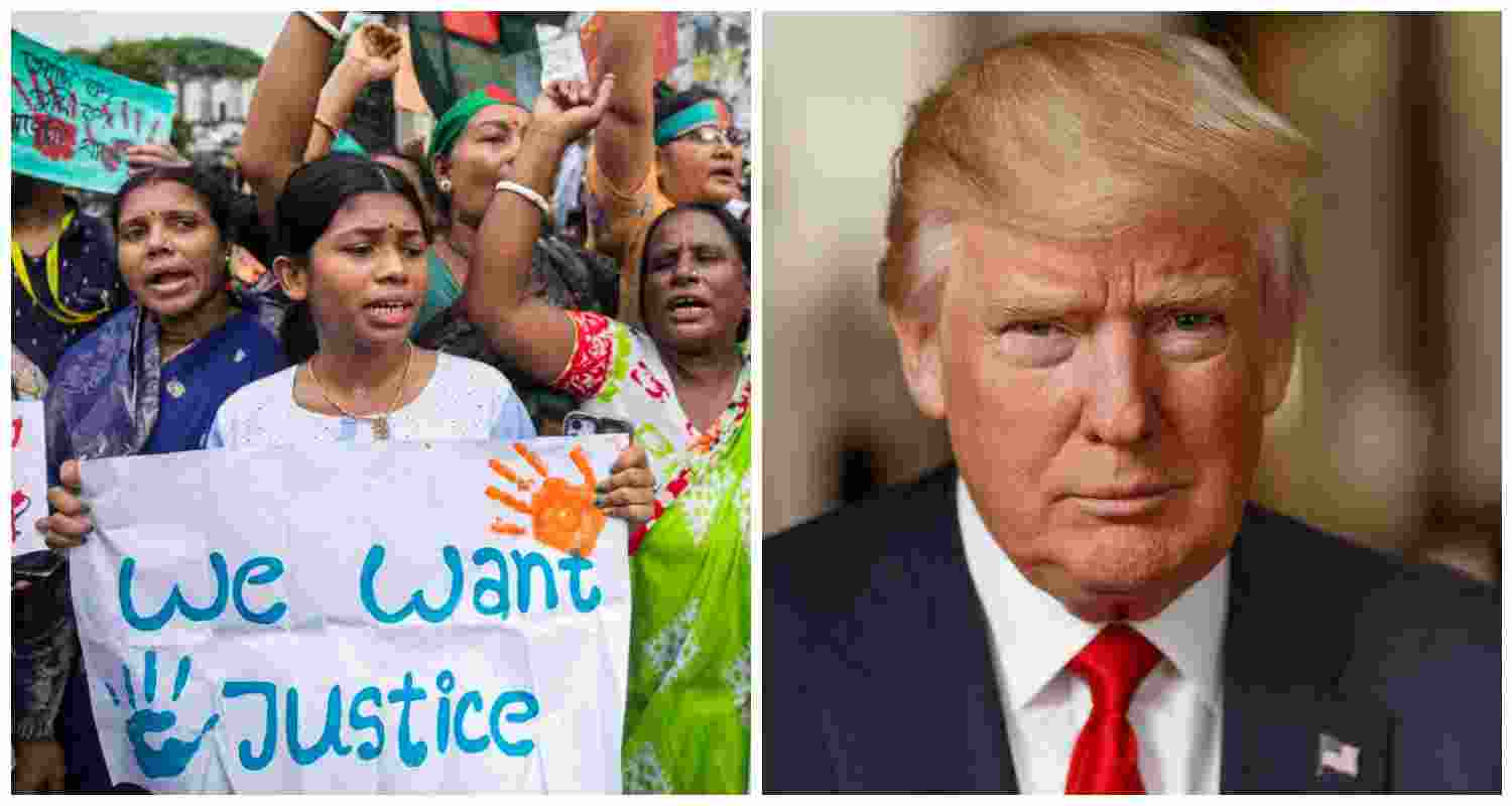 Scenes from protests in Bangladesh (L) highlight escalating minority persecution, while US President-elect Donald Trump (R) has been urged to intervene in the crisis.