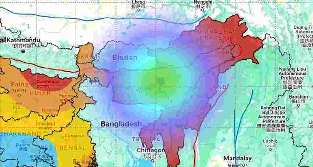 A graphical representation showing the earthquake’s epicentre in central Assam and the extent of tremors felt across the Northeast and neighbouring regions.
