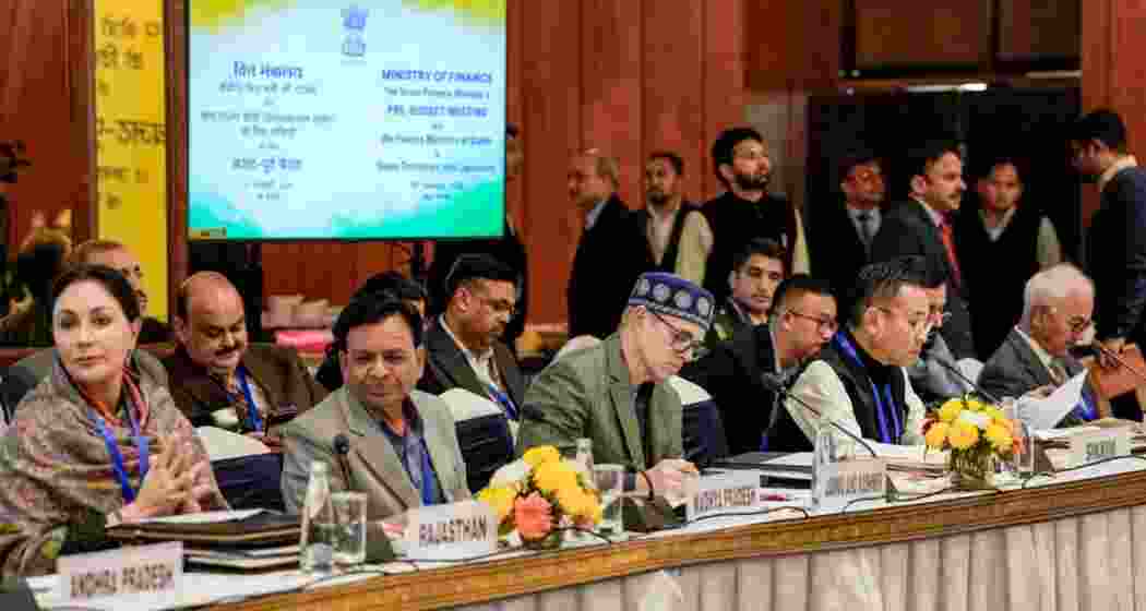 (From left) Rajasthan Finance Minister Diya Kumari, Madhya Pradesh Finance Minister Jagdish Devda, Jammu and Kashmir Chief Minister Omar Abdullah, Sikkim Chief Minister Prem Singh Tamang and Manipur Governor Ajay Kumar Bhalla during a pre-Budget meeting in New Delhi on Saturday.