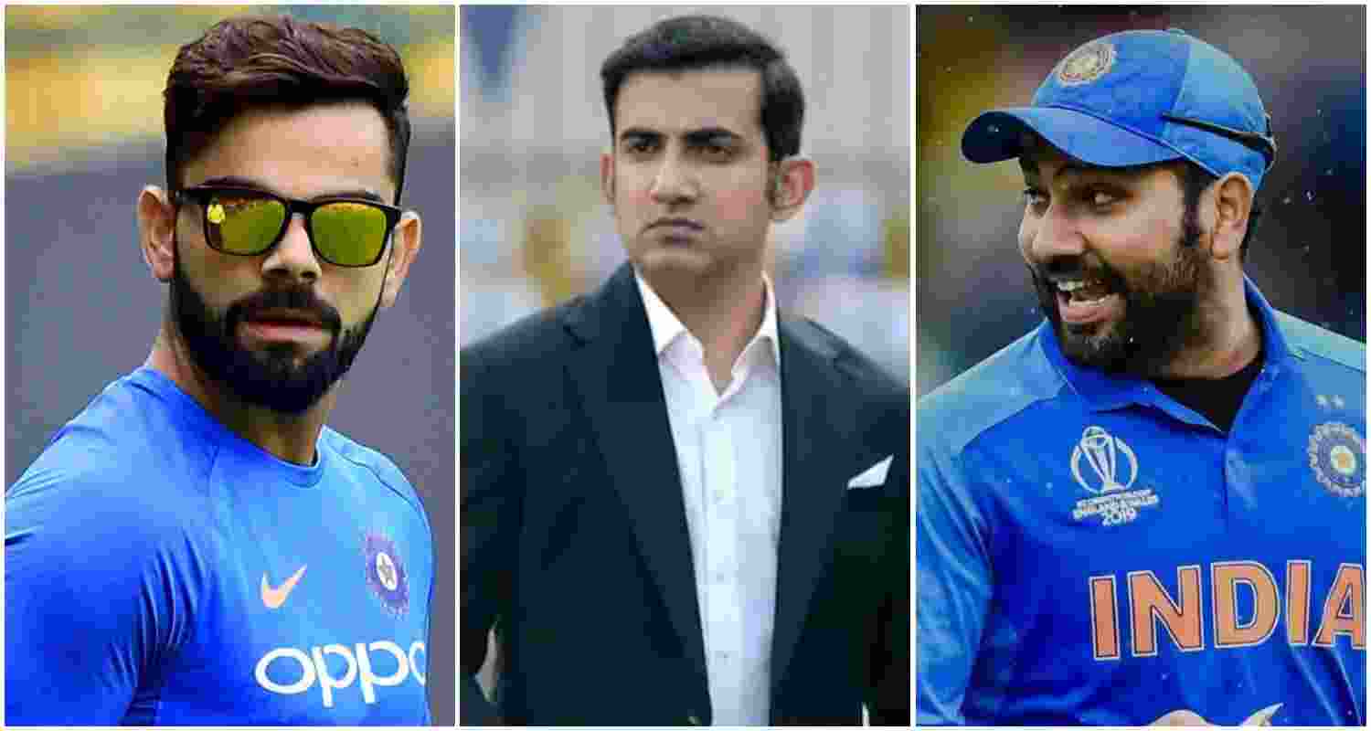 Indian batter Virat Kohli (L), Indian cricket team head coach Gautam Gambhir (M), Indian batter and ODI captain Rohit Sharma (R). 