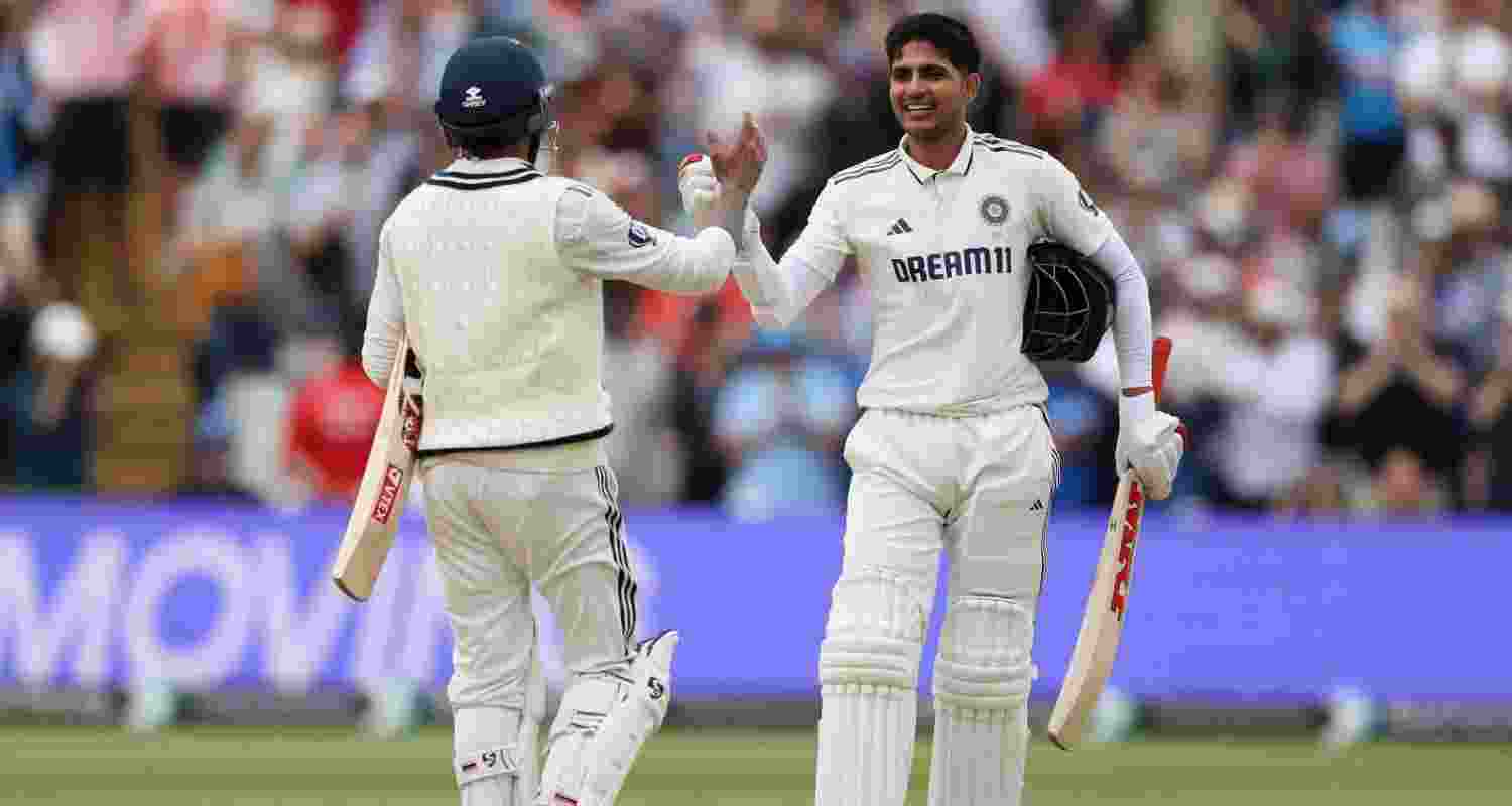 Ravindra Jadeja congratulating Shubman Gill after the India captain reached his century on the fourth day of the second Test match against England at Edgbaston on Saturday.