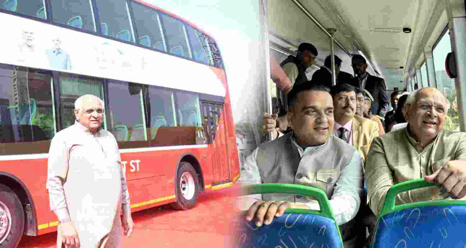 Chief Minister Bhupendra Patel and Minister Harsh Sanghvi taking a ride in the Newly inaugurated double-decker bus