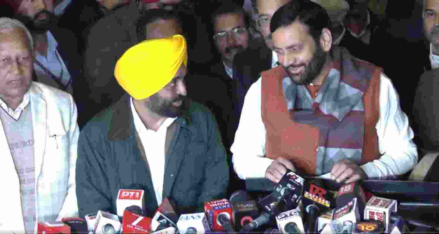 Punjab CM Bhagwant Mann and Haryana CM Nayab Saini during joint press conference on Tuesday.