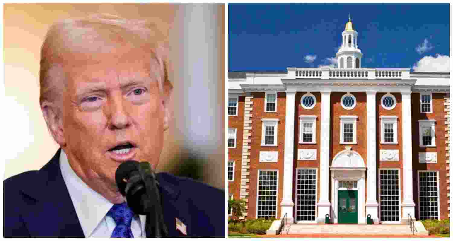 US President Donald Trump (L). Harvard University on the right — a standoff over academic freedom and protest rights has led to a $2.2bn federal funding freeze for the prestigious institution.