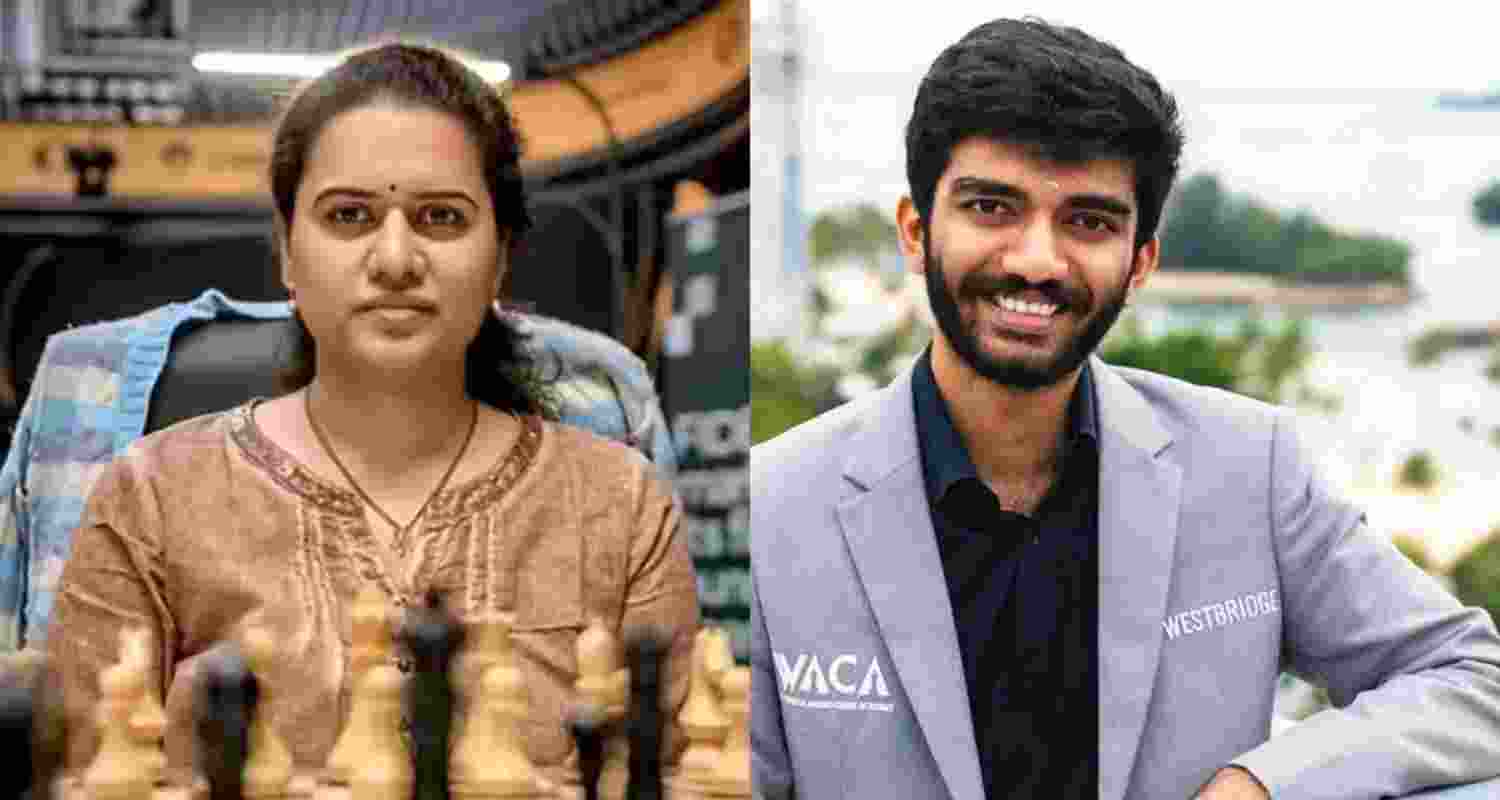  Koneru Humpy and (right) D Gukesh.