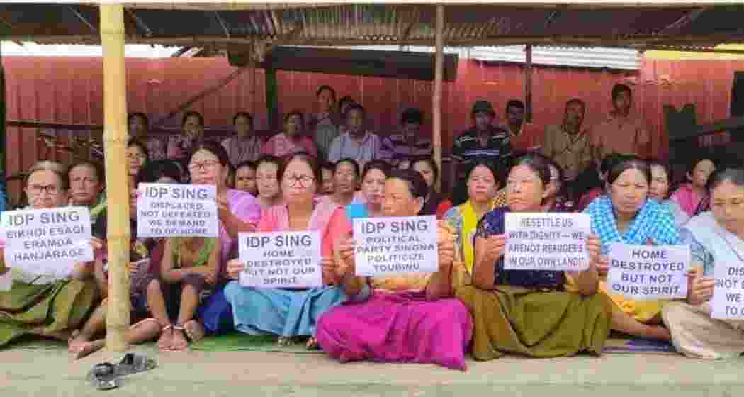 Internally displaced families in Manipur stage sit-ins at relief camps, demanding rehabilitation before the Sangai festival begins, as authorities increase security around the event venues in Imphal.