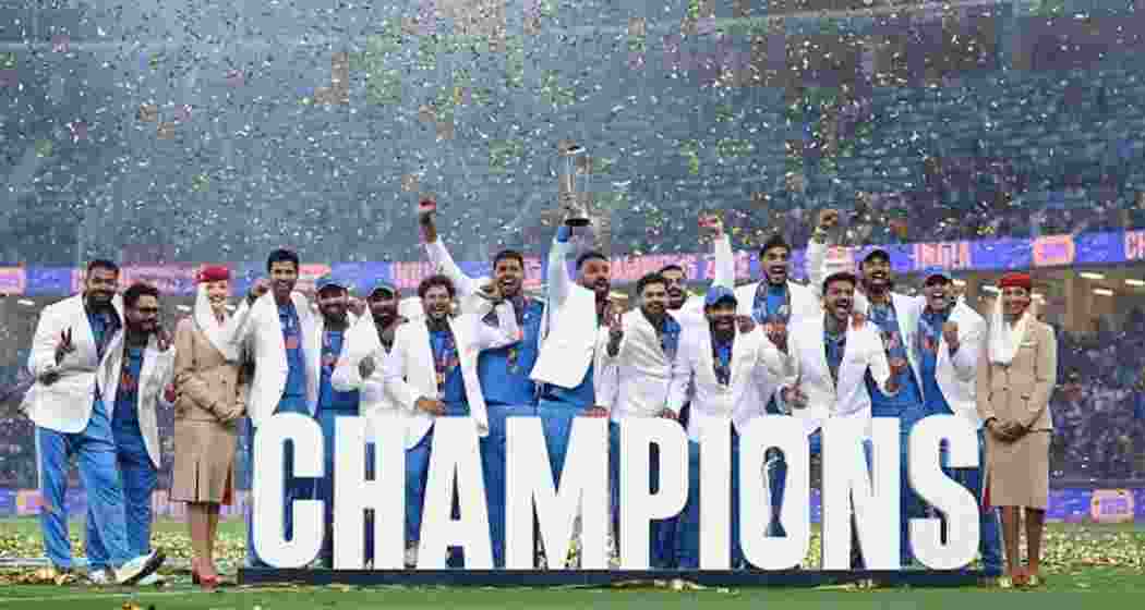 Team India celebrates their ICC Champions Trophy victory in Dubai after a thrilling final against New Zealand.