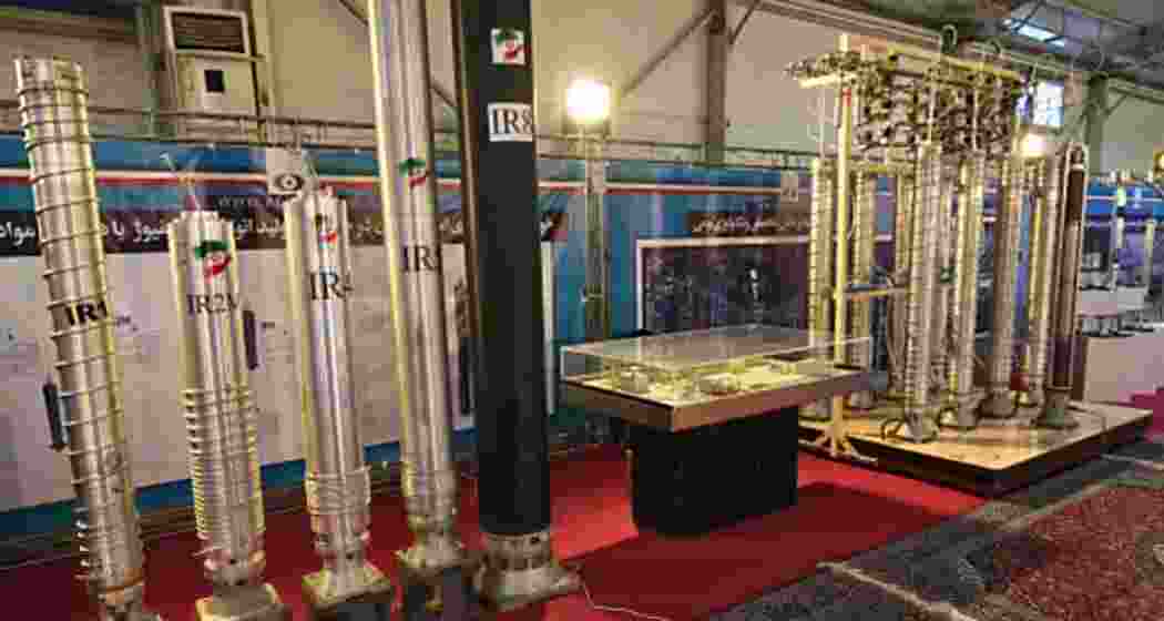 Iran's domestically built centrifuges on display at an exhibition showcasing the country's nuclear achievements in Tehran, Iran, on February 8, 2023. 