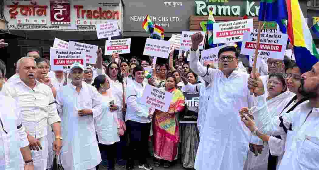 Jain community members protest in Mumbai on Saturday.