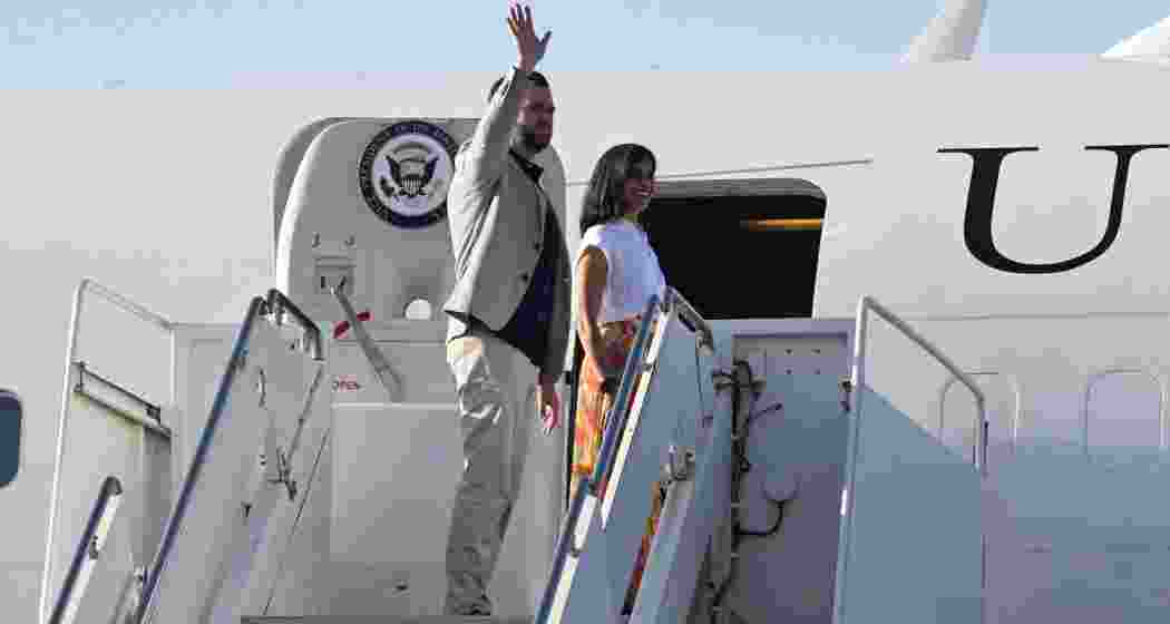U.S. Vice President JD Vance, left, departs Jaipur, India en route to Joint Base Andrews, Md., Thursday, April 24, 2025.