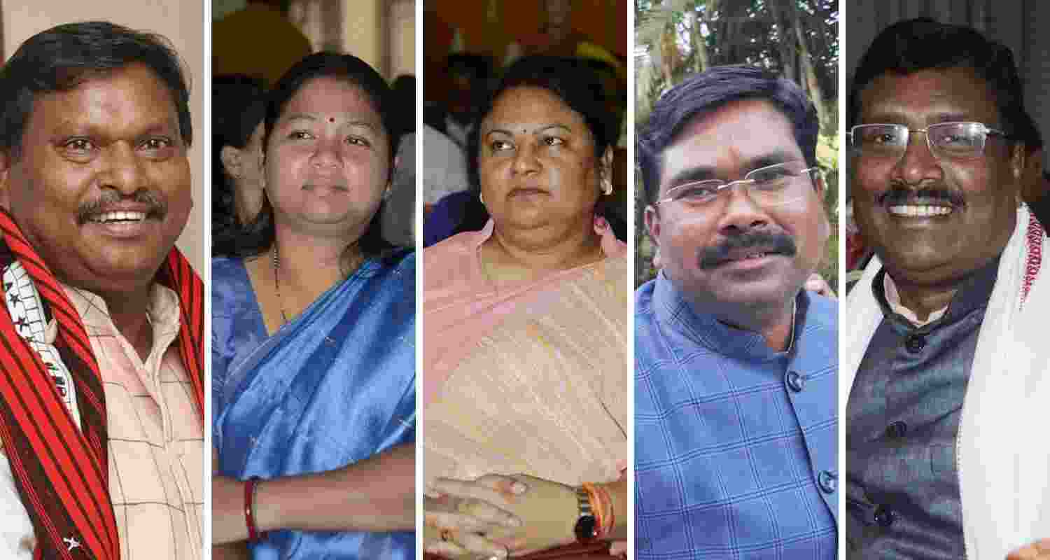 From left to right: Arjun Munda, Gita Koda, Sita Soren, Samir Oraon, Tala Marandi.