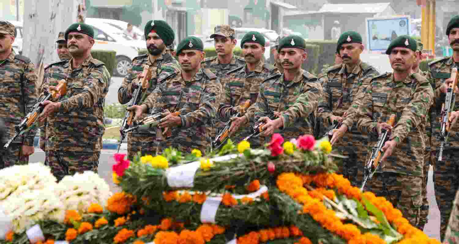 Army jawans pay their last respects to Naib Subedar Rakesh Kumar, who was killed in an encounter with terrorists in Jammu & Kashmir's Kishtwar district, during a ceremony in Jammu, Monday, Nov. 11, 2024. 