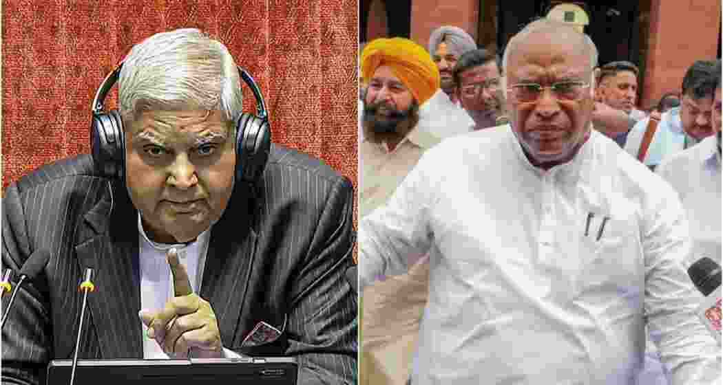 Rajya Sabha Chairperson Jagdeep Dhankhar (L), Senior Congress leader Mallikarjun Kharge (R).