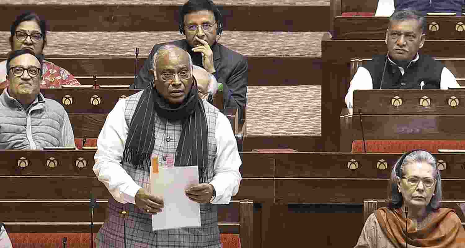 LoP in the Rajya Sabha Mallikarjun Kharge speaks in the House during the Winter session of Parliament, in New Delhi, Monday.