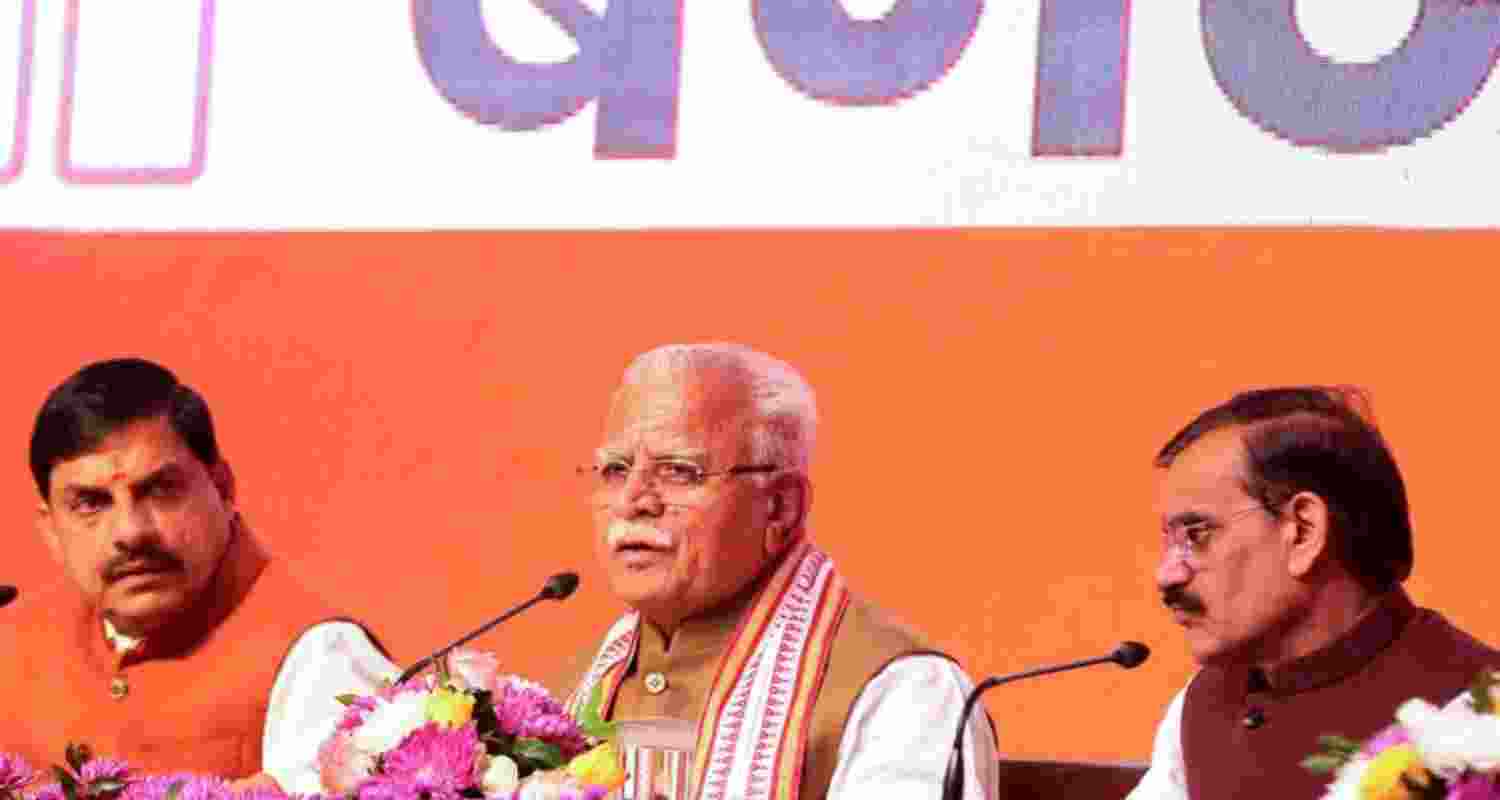 Union Minister of Housing and Urban Affairs Manohar Lal Khattar with Madhya Pradesh Chief Minister Mohan Yadav and BJP state president VD Sharma at a press conference in Bhopal, Sunday.