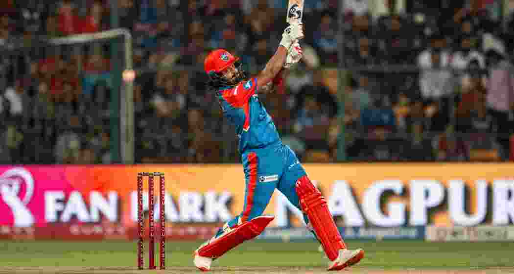 KL Rahul in action during his unbeaten 93 against RCB, steering Delhi Capitals to a six-wicket win in Bengaluru with vital support from Kuldeep Yadav and debutant Vipraj Nigam on Thursday.