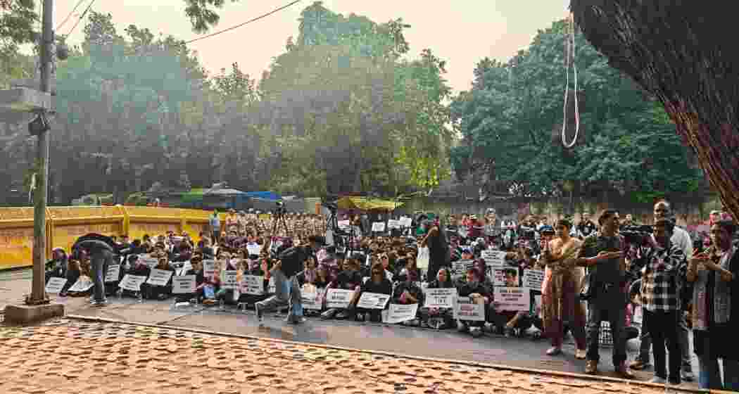 Kuki Students’ Organisation members sit on the streets of Delhi, holding placards and raising slogans, pressing for justice and a separate administrative setup for the Kuki-Zo community in Manipur.
