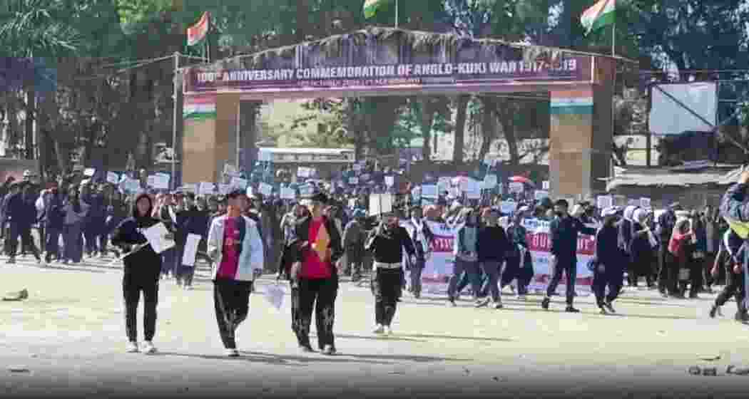 Members of the Kuki Zo community take part in a rally in Manipur’s Churachandpur district on Wednesday, demanding a Union Territory with legislature.