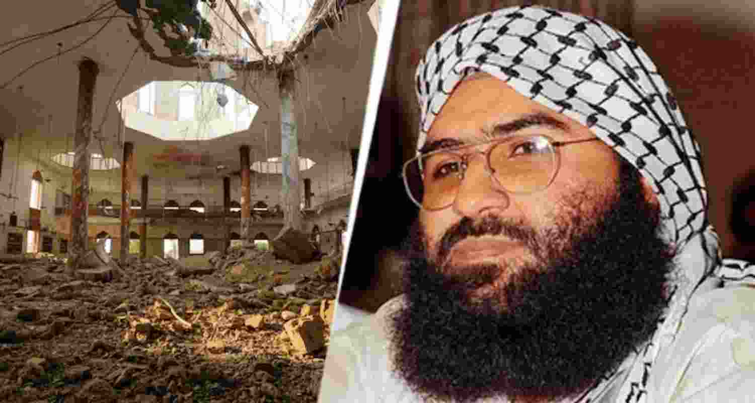 The destroyed Bahawalpur mosque and Masood Azhar.