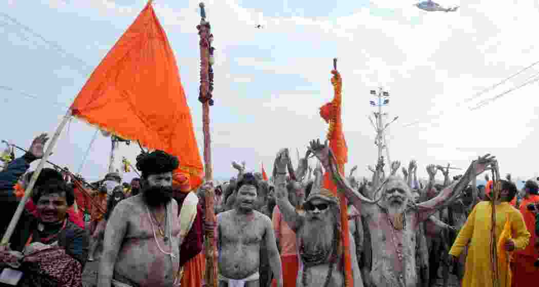 'Naga Sadhus' gather to take a holy dip at the Sangam on the occasion of 'Mauni Amavasya', during the ongoing Maha Kumbh Mela, in Prayagraj on Wednesday, Jan. 29, 2025. 