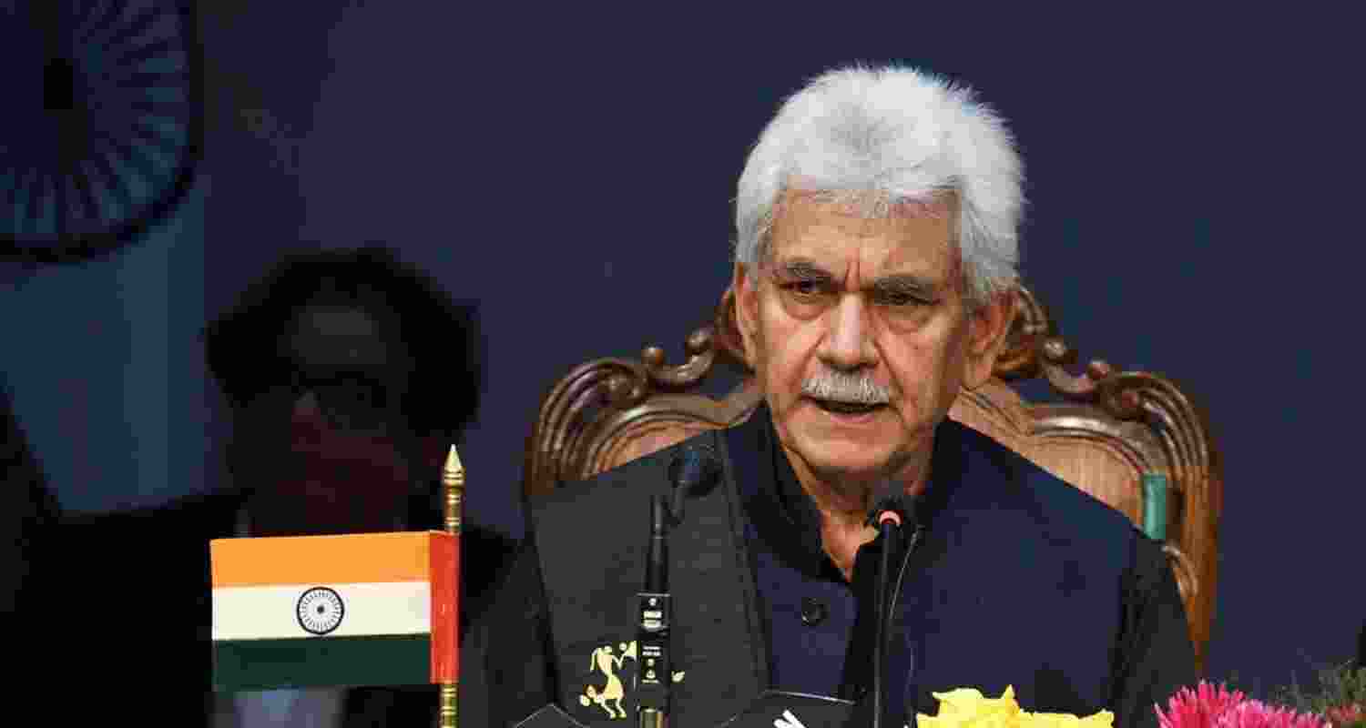A picture of J&K LG Manoj Sinha addressing a press conference.