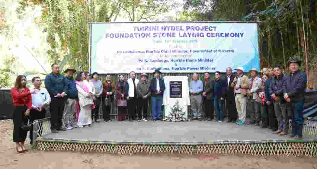 Mizoram Chief Minister Lalduhoma laying the foundation stone of the 24 MW Tuirini small hydro power project in Aizawl district on Monday.