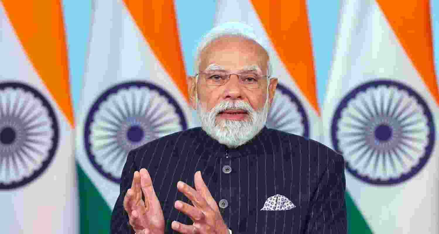 Prime Minister Narendra Modi speaks while inaugurating Indian space start-up Skyroot Aerospace's new Infinity Campus via video conference and unveils Vikram-I, the company's first orbital launch vehicle capable of placing satellites into orbit, in New Delhi.