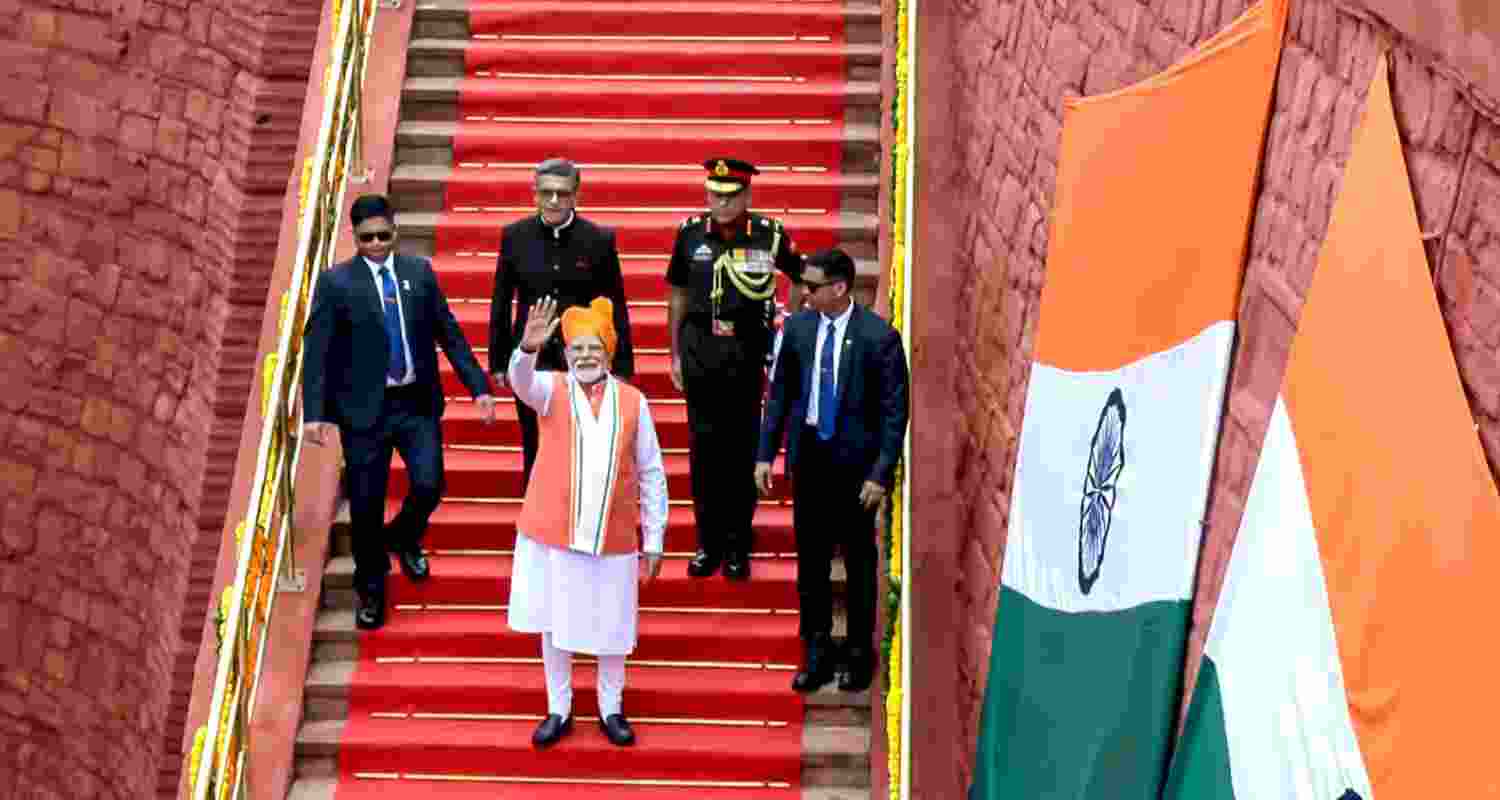 Prime Minister Narendra Modi addresses the nation from the Red Fort on the occasion of the 79th Independence Day, in New Delhi, Friday.