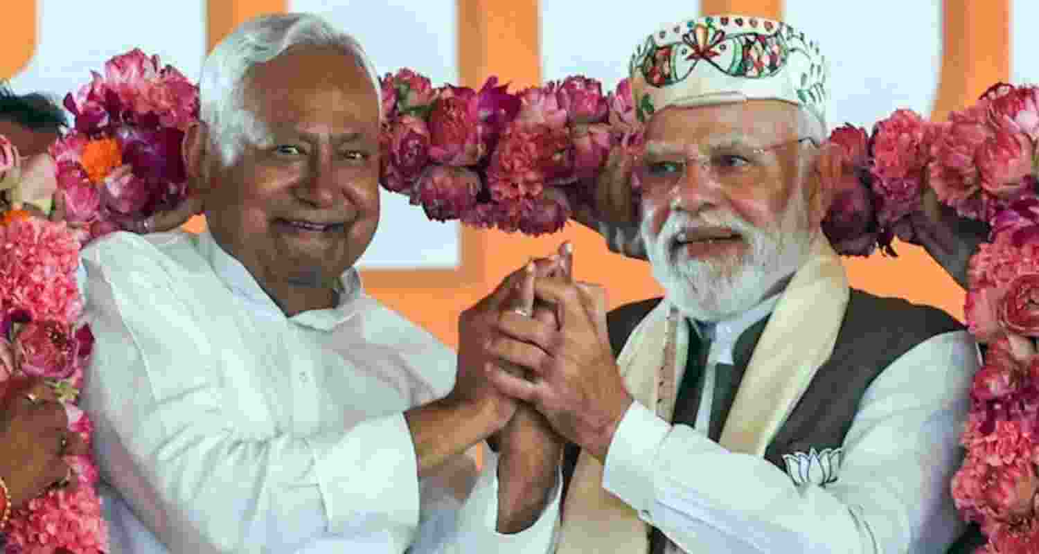 Janata Dal (United) chief Nitish Kumar and Prime Minister Narendra Modi at a public rally in Bihar during Assembly poll campaign.