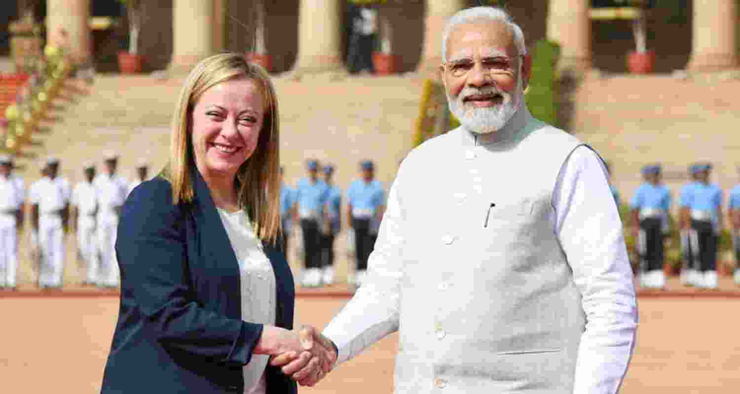 PM Modi welcoming Italian PM Giorgia Meloni in New Delhi during a former visit. Image via MEA India.