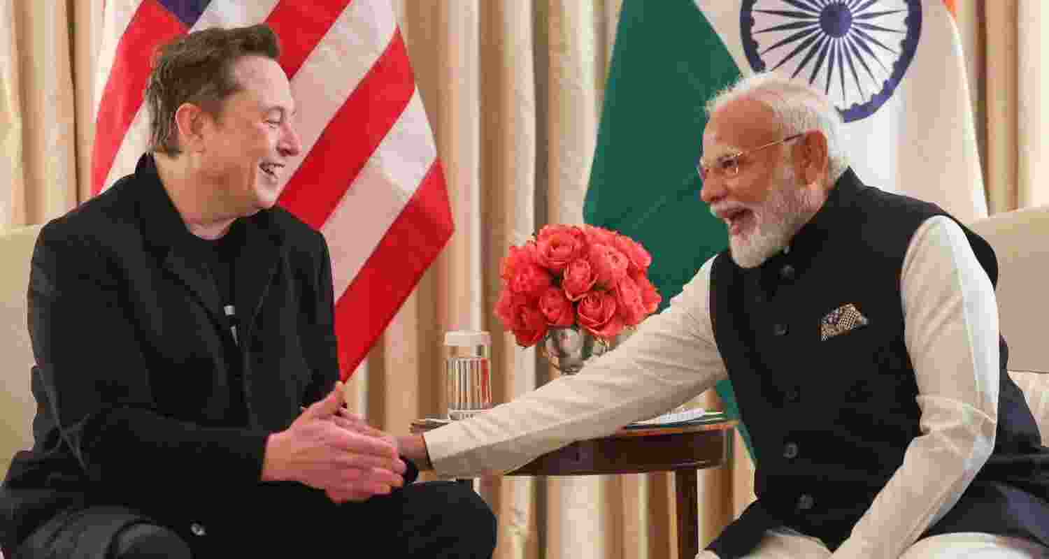  PM Modi and Elon Musk share a light moment at their meeting at the Blair House.