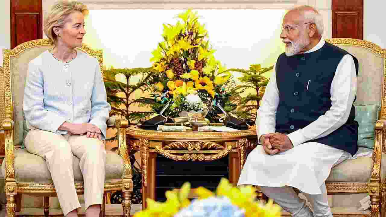 Prime Minister Narendra Modi with President of the European Commission Ursula von der Leyen during a meeting, in New Delhi. Via @MEAIndia on X.