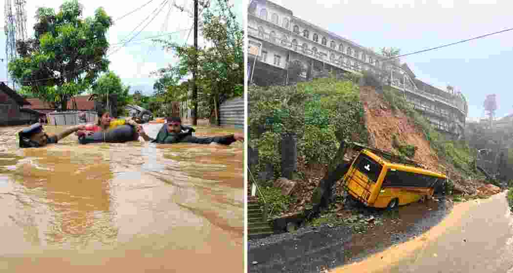 SDRF personnel rescue a woman from a flooded village in Assam’s Golaghat district (L), as a separate scene in Aizawl’s Izoram shows a bus buried under landslide debris (R).