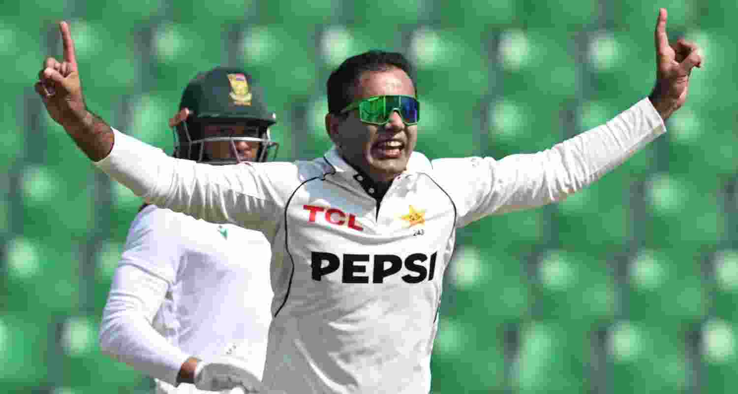 Left-arm spinner Noman Ali celebrates after a rich match haul of 10-191 in the first Test match against South Africa in Lahore on Wednesday.