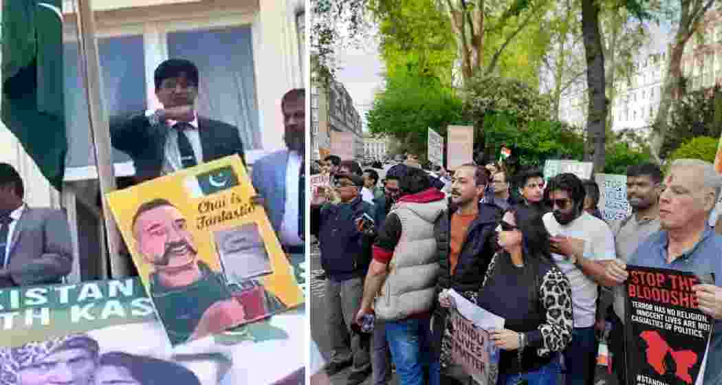 Colonel Taimur Rahat, Pakistan's Defence Attaché in London, makes a threatening gesture towards Indian community protestors outside the High Commission during a demonstration against the Pahalgam terror attack.