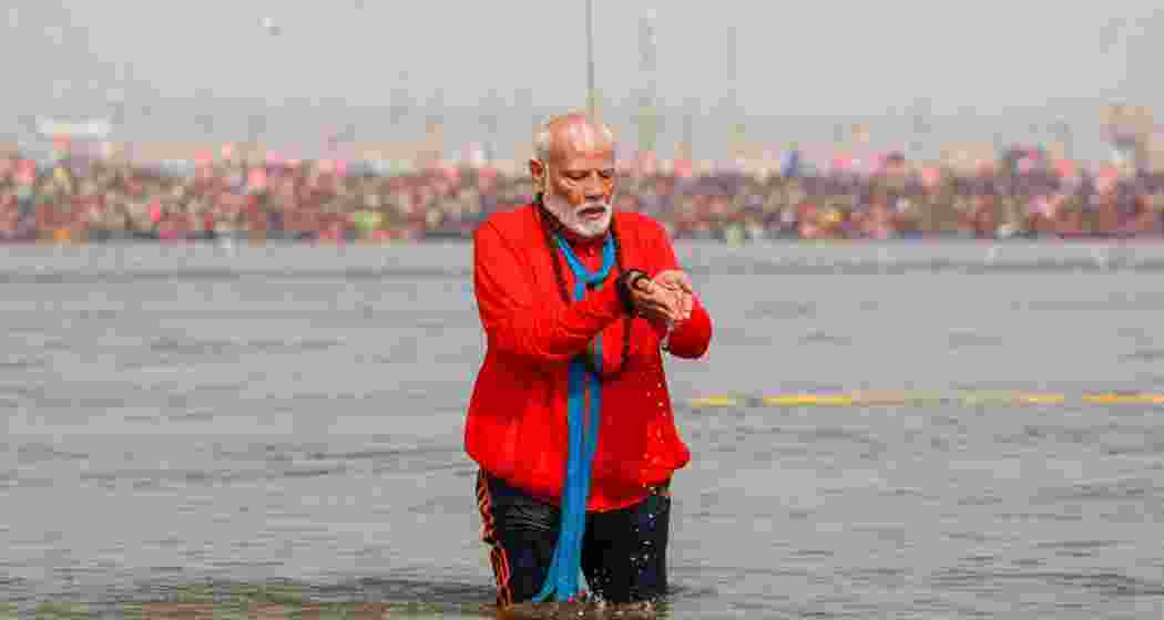Prime Minister Narendra Modi offers prayers at Triveni Sangam during Mahakumbh 2025 in Prayagraj on Wednesday. 